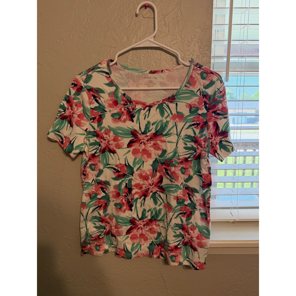 White Stag Womens Floral Print Cotton T-Shirt Pink Teal Green Short Sleeve L